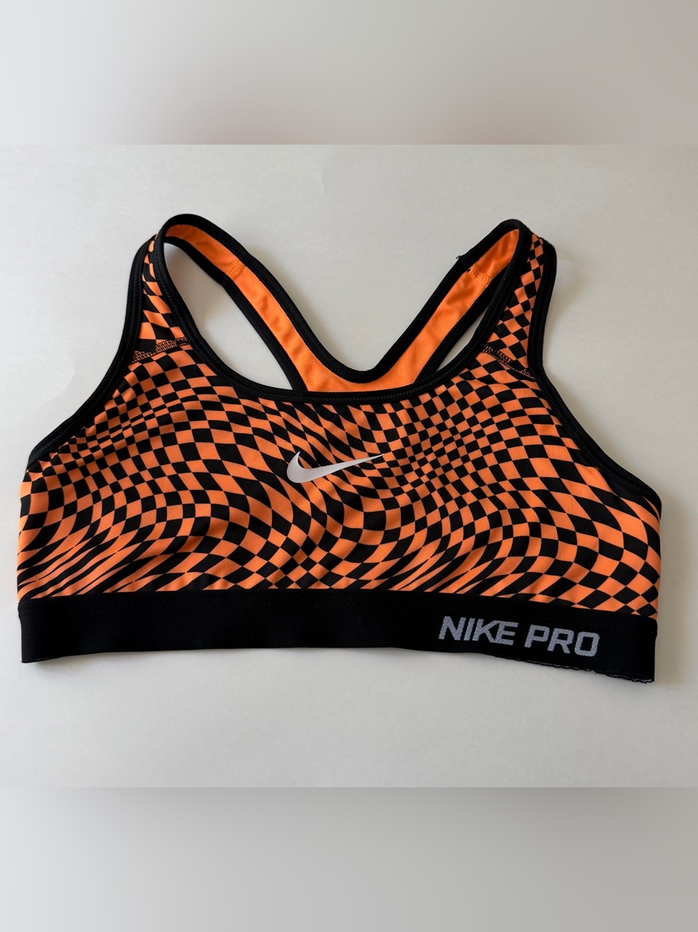 Nike Pro Dri-Fit Orange & Black Checkerboard Sports Bra Logo Band Size Small